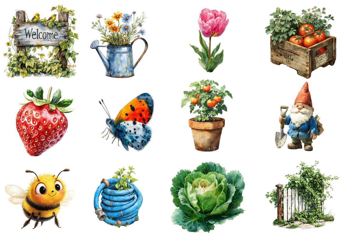 Summer Garden Watercolor Clipart, an Illustration by Designworld (Photo 2 of 6)