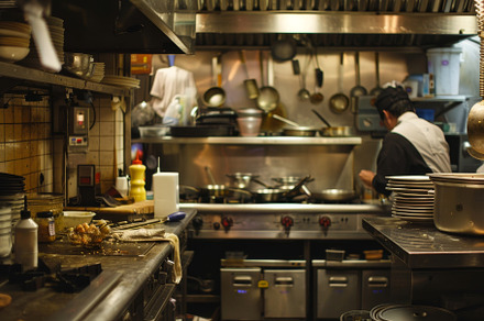 A bustling kitchen at dinner time sh, a Photo by Tanuart