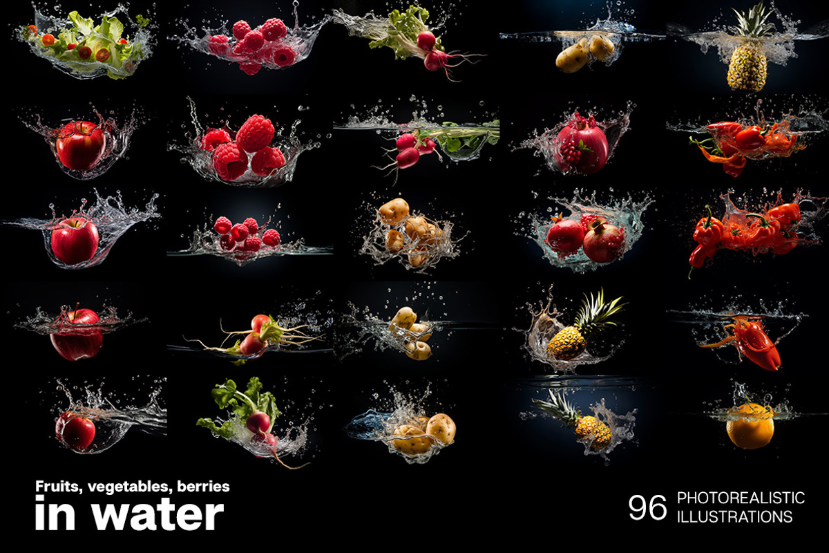 Fruits and vegetables in water, an Object Graphic by Handmadefont (Photo 3 of 11)