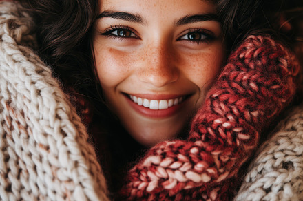 A young woman with curly hair smiles warmly while wrapped in a cozy, thick knit, a Person Photo by Textures & Backgrounds