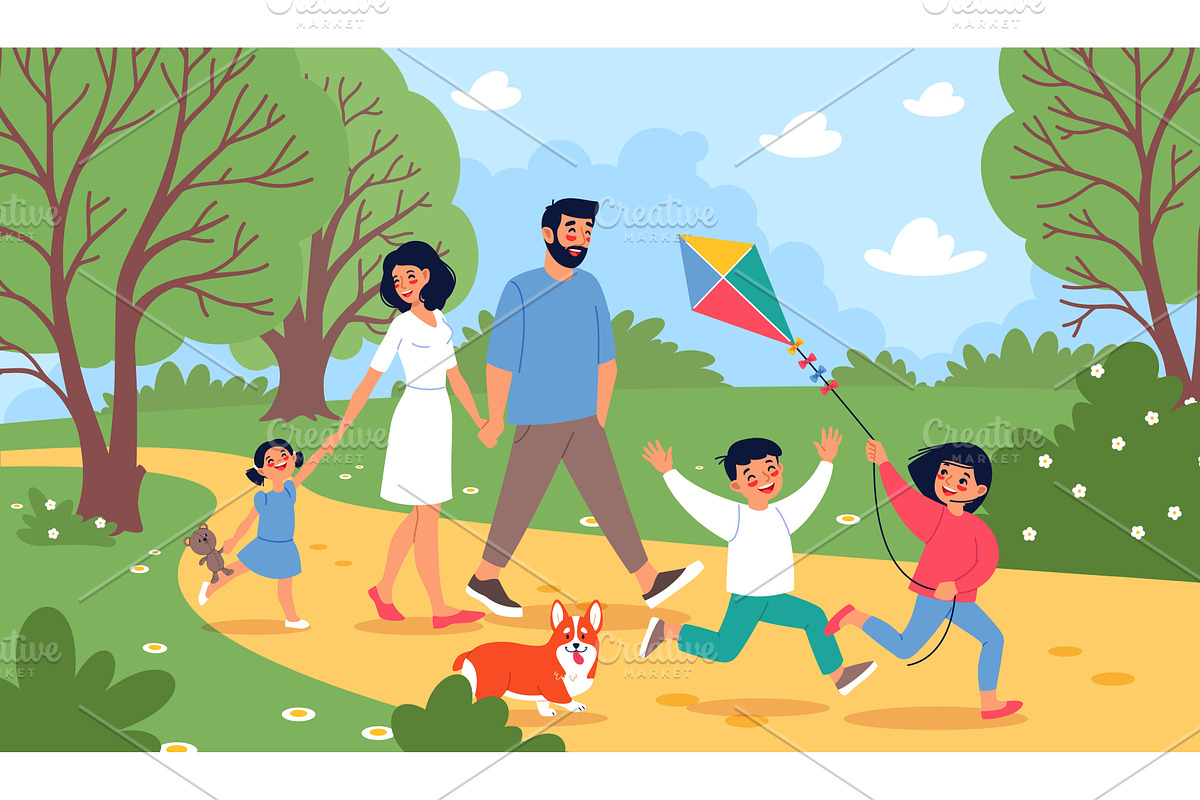Summer nature family walk. Parents, a Person Illustration by YummyBuum