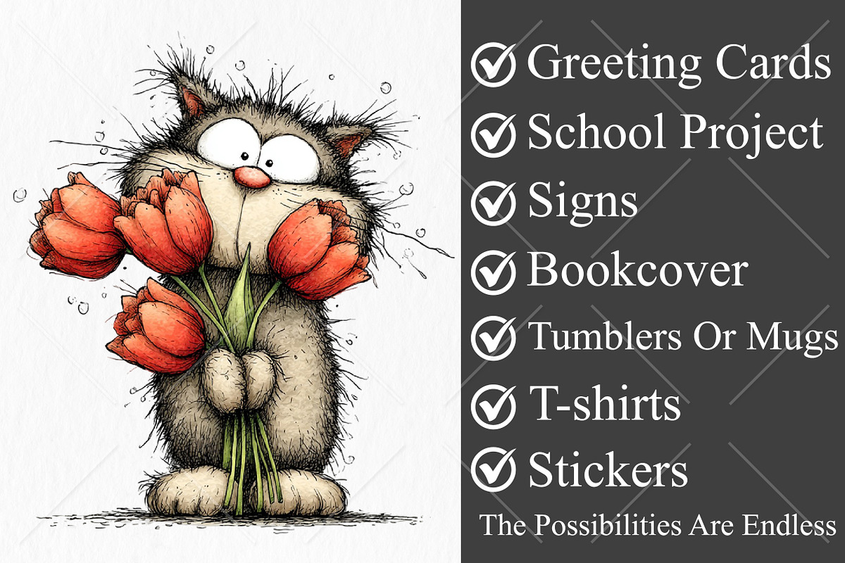 Whimsical Cat Tulips Drawing Clipart, a Seasonal Illustration by Canvas Craft (Photo 3 of 10)
