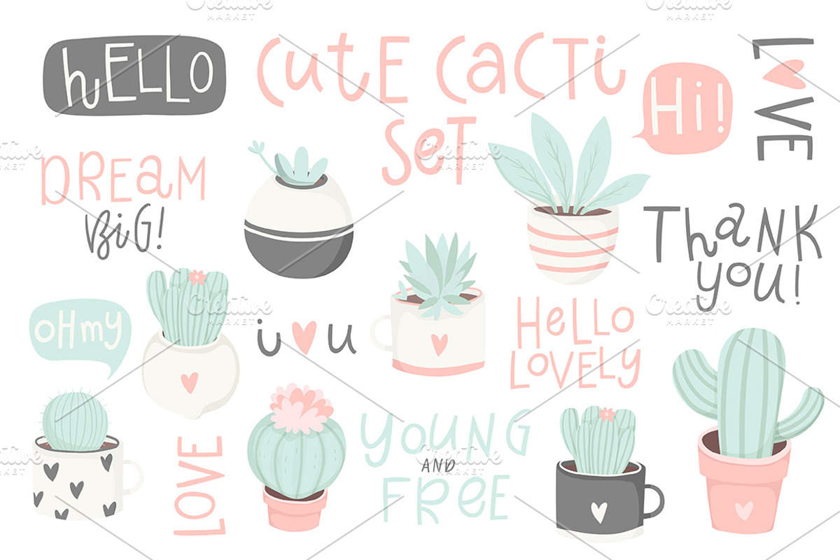 Cute cactus and lettering set♥, an Animal Illustration by Artnis (Photo 1 of 5)