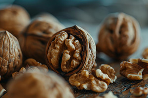Closeup view of cracked walnuts on a, a Photo by Iftikhar Alam