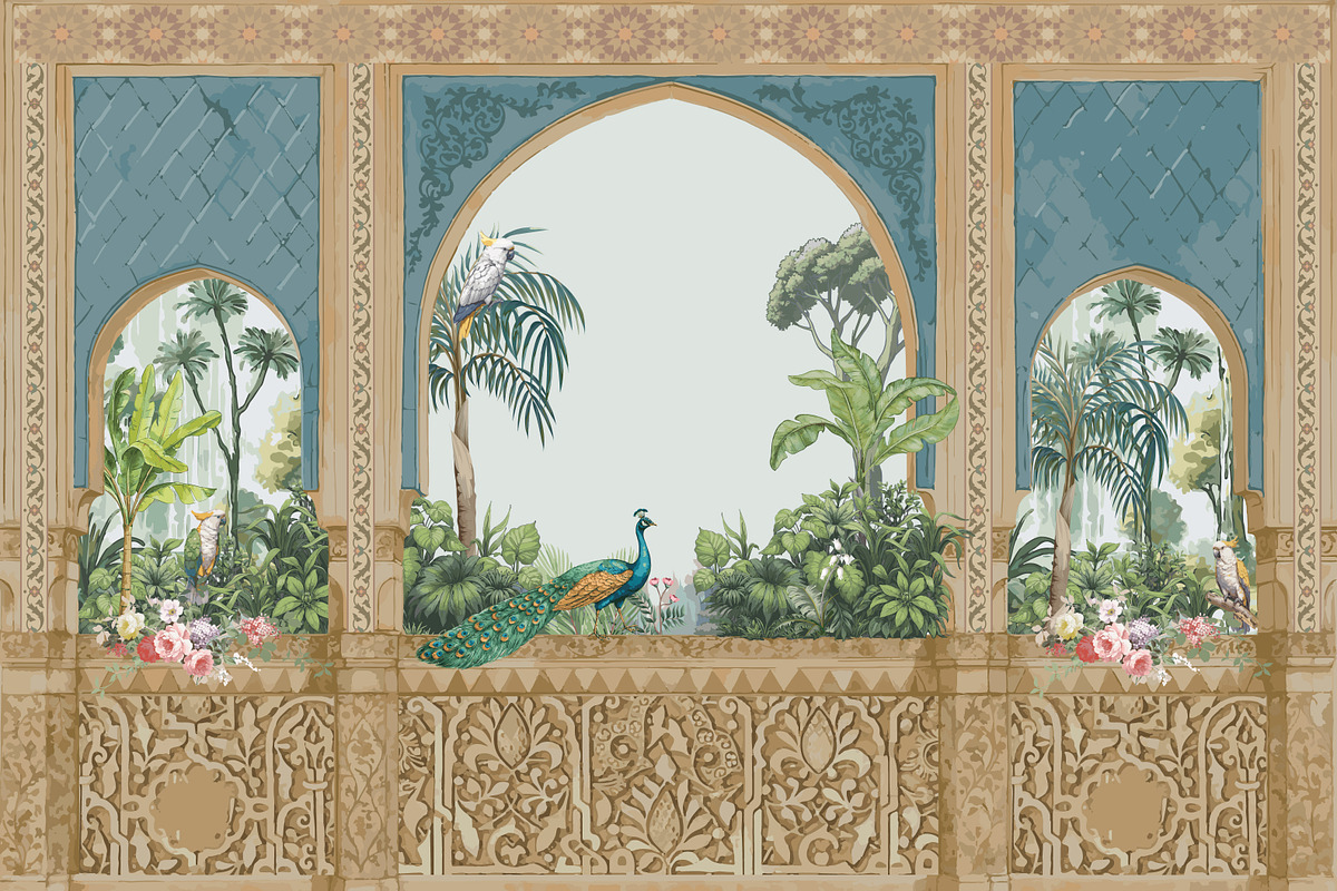 Traditional Andalusian garden design, a Decorative Illustration by Mughal Wallpaper