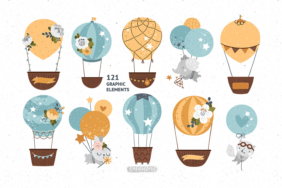 Hot Air Balloon Clipart & Patterns, an Animal Illustration by tatiletters (Photo 3 of 11)
