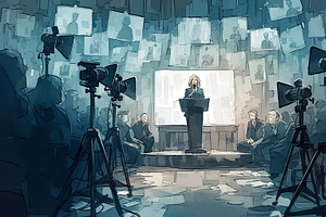 News anchor delivering live report amidst professional studio cameras and light, an Illustration by AS photostudio