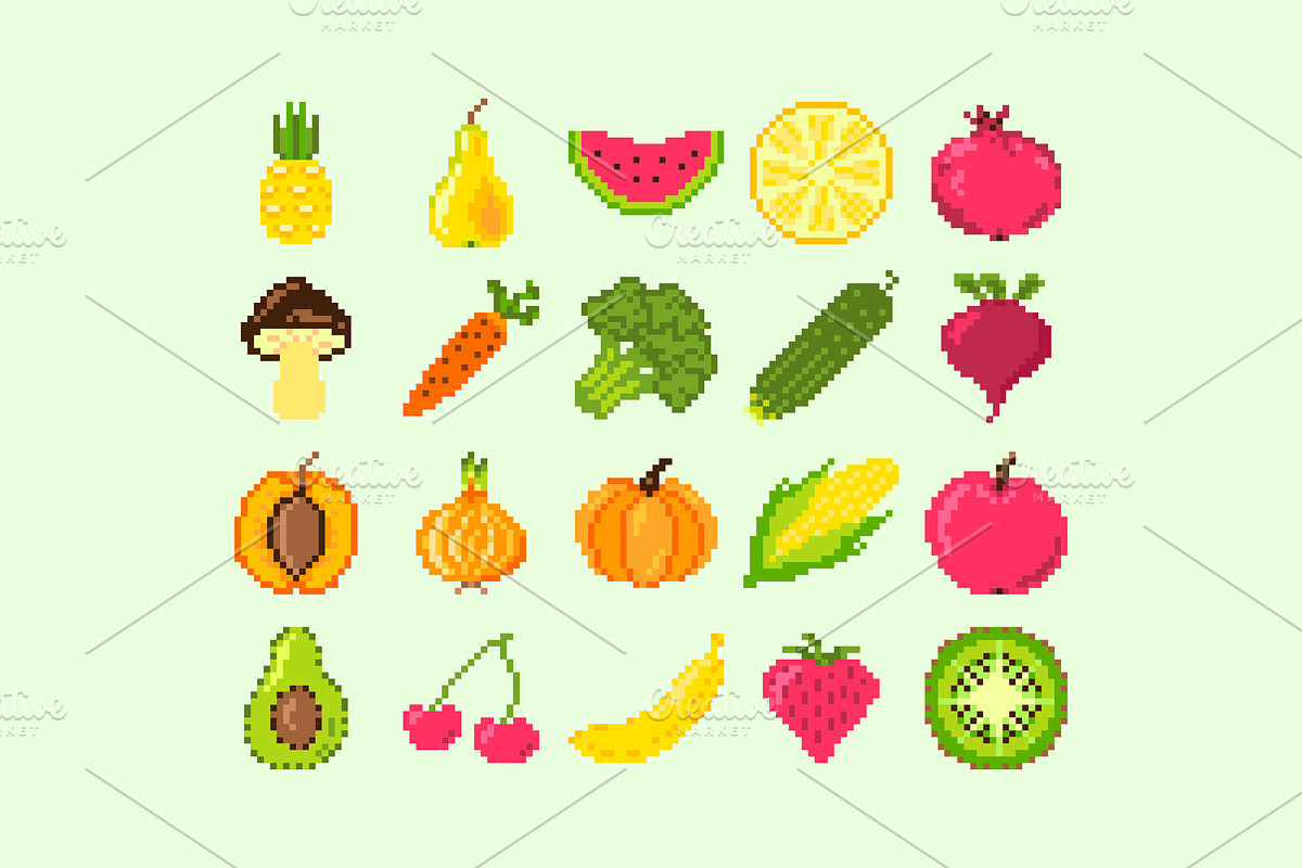 Pixel Fruit And Vegetable Icons Set, an Icon by barsrsind