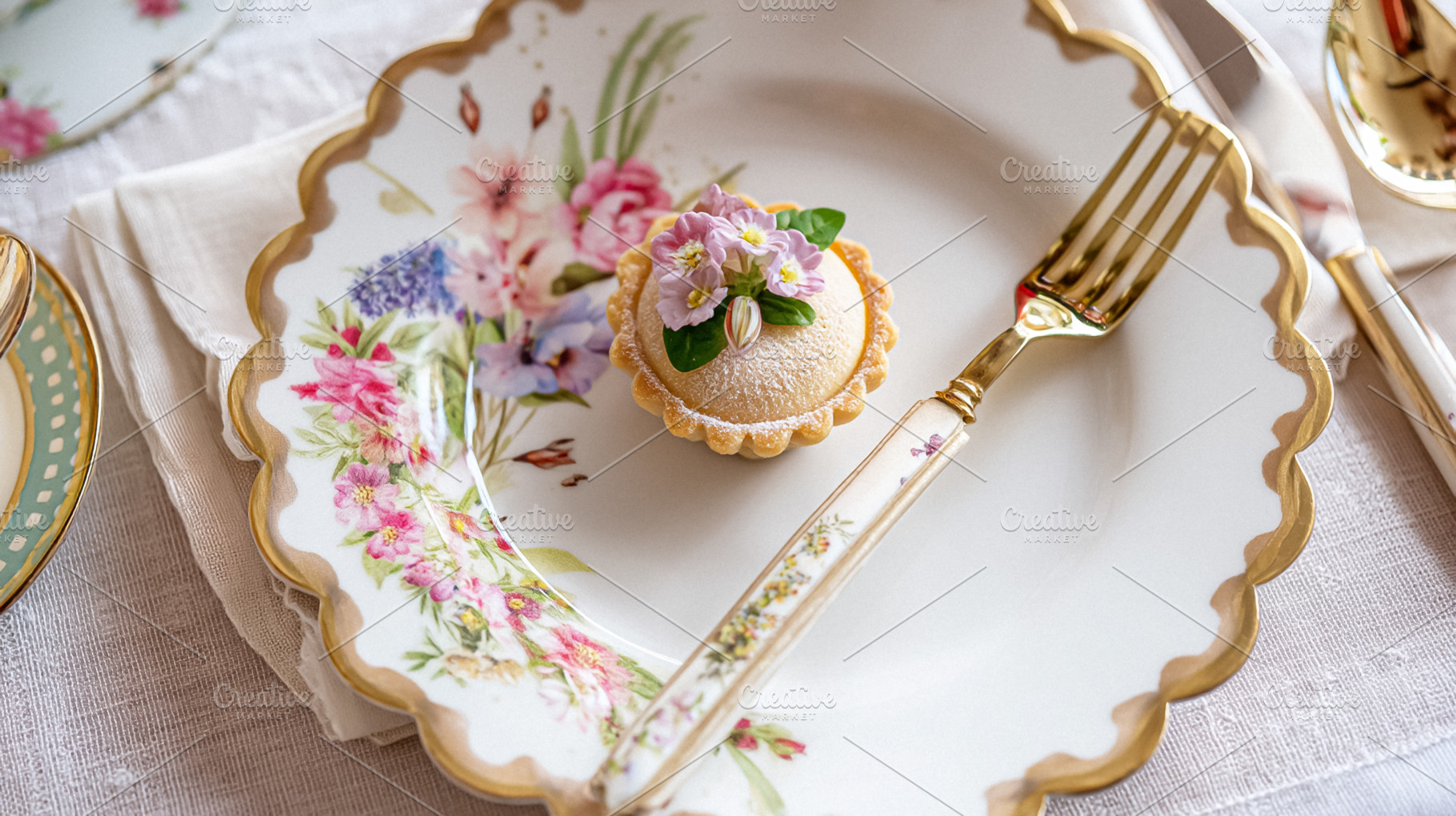 Elegant English Easter tables with daffodils, painted eggs, past, a Holiday Photo by Studio ANNA