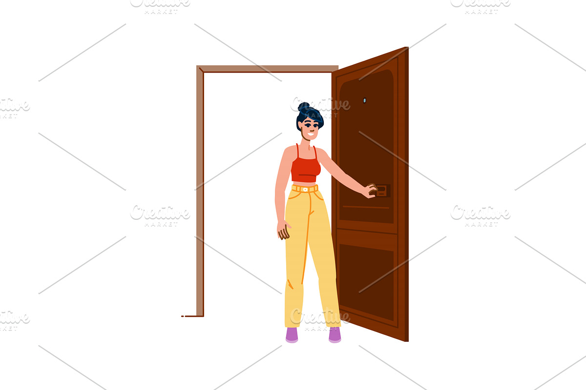 Young woman opening door, entering, an Object Illustration by pikepicture