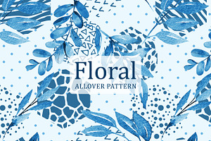 Blue Watercolor Floral Geo Pattern