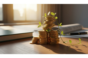 Stacks of gold coins with green, a Business Photo by Igor Tichonow