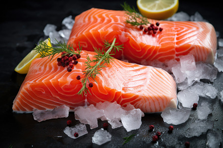 Fresh salmon fillet with ice on black background, a Food & Drink Photo by AlyaAnd