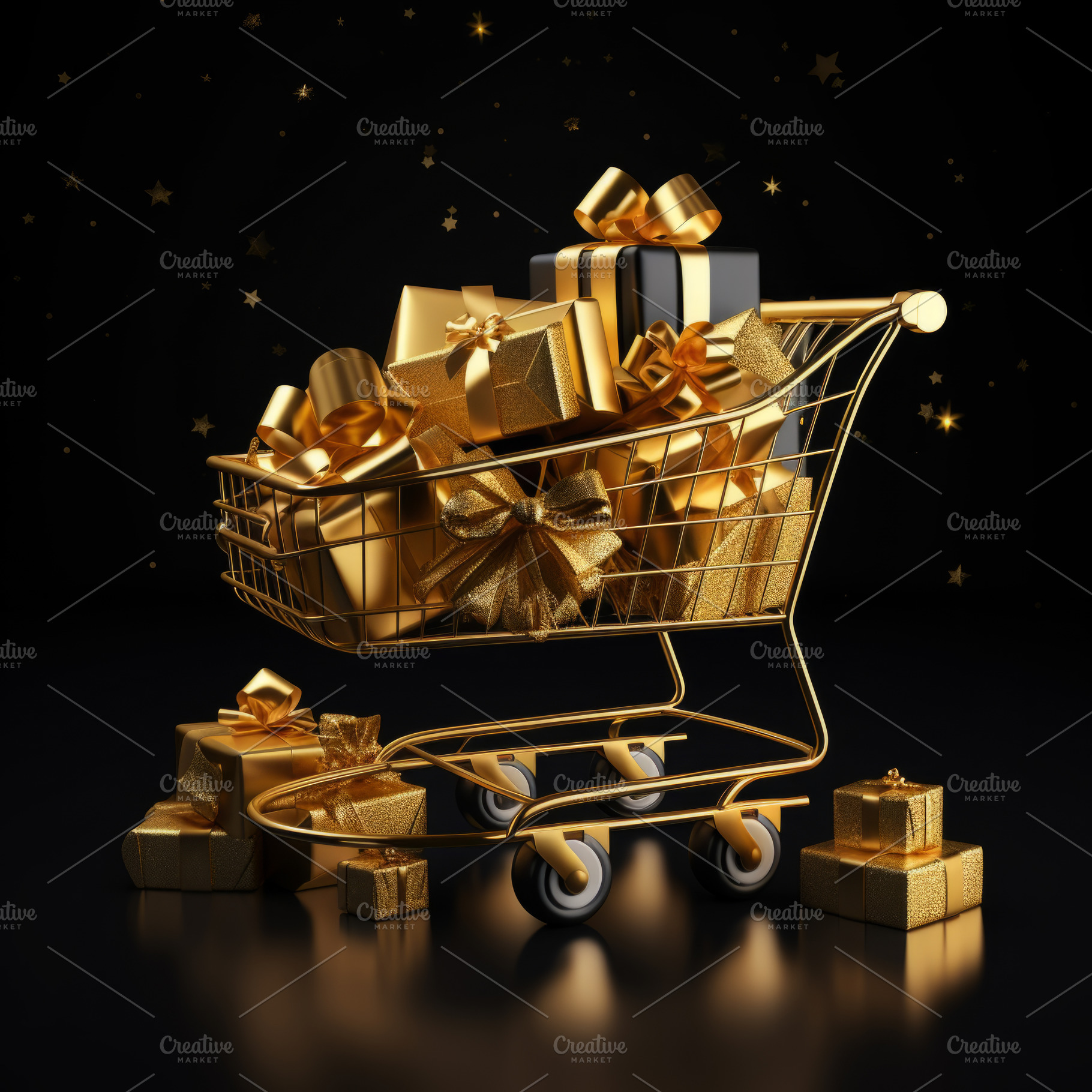 Shopping cart full of golden gift boxes on black background, a Holiday Photo by Natalia Klenova's Shop