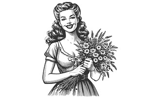 Woman with Wildflower Bouquet vector, a Person Illustration by AlexArt