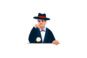 Elegant mafioso touching chin posing, an Illustration by pikepicture