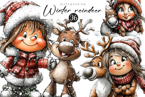 Winter girl and reindeer clipart, an Illustration by CreationArt