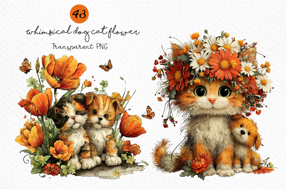Whimsical Dog Cat Flower Clipart PNG, a Seasonal Illustration by Craft Nest (Photo 1 of 12)