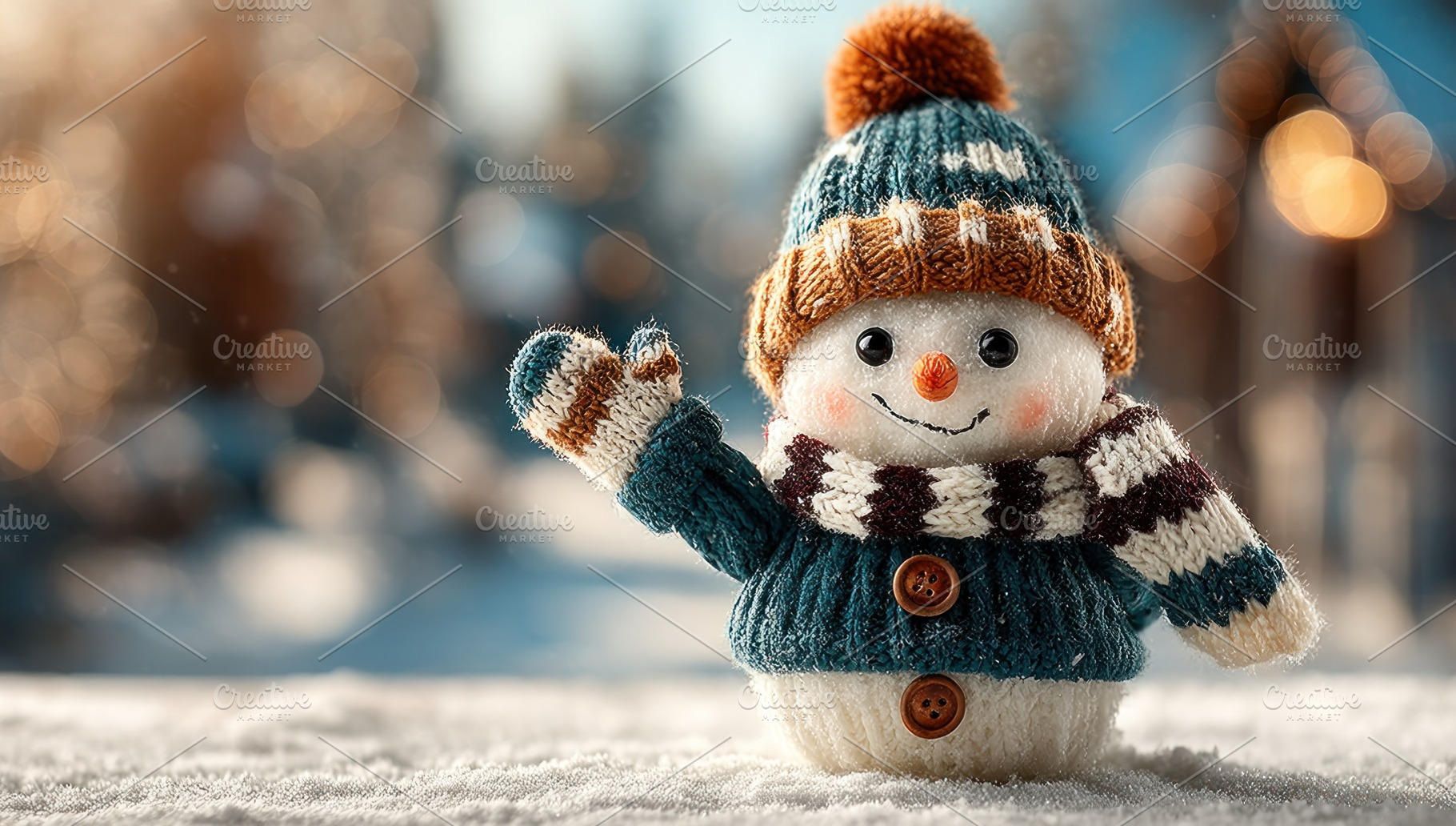 Cute snowman in knit hat and scarf waving on snowy evening with, a Holiday Photo by José Manuel Gelpi