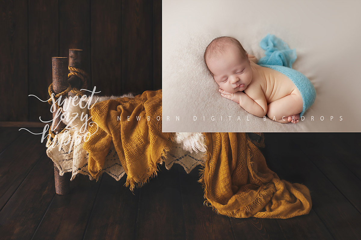 Vintage Wooden Bed. Newborn Backdrop preview 3