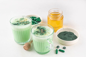 Healthy spirulina latte drink, a Food & Drink Photo by Rimma