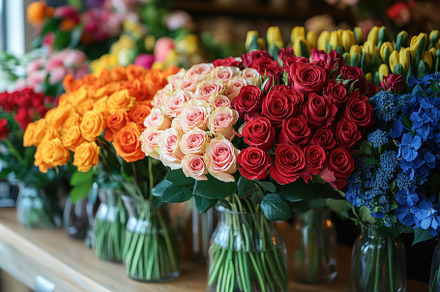 Colorful bouquet display at a floris, a Photo by Tanuart