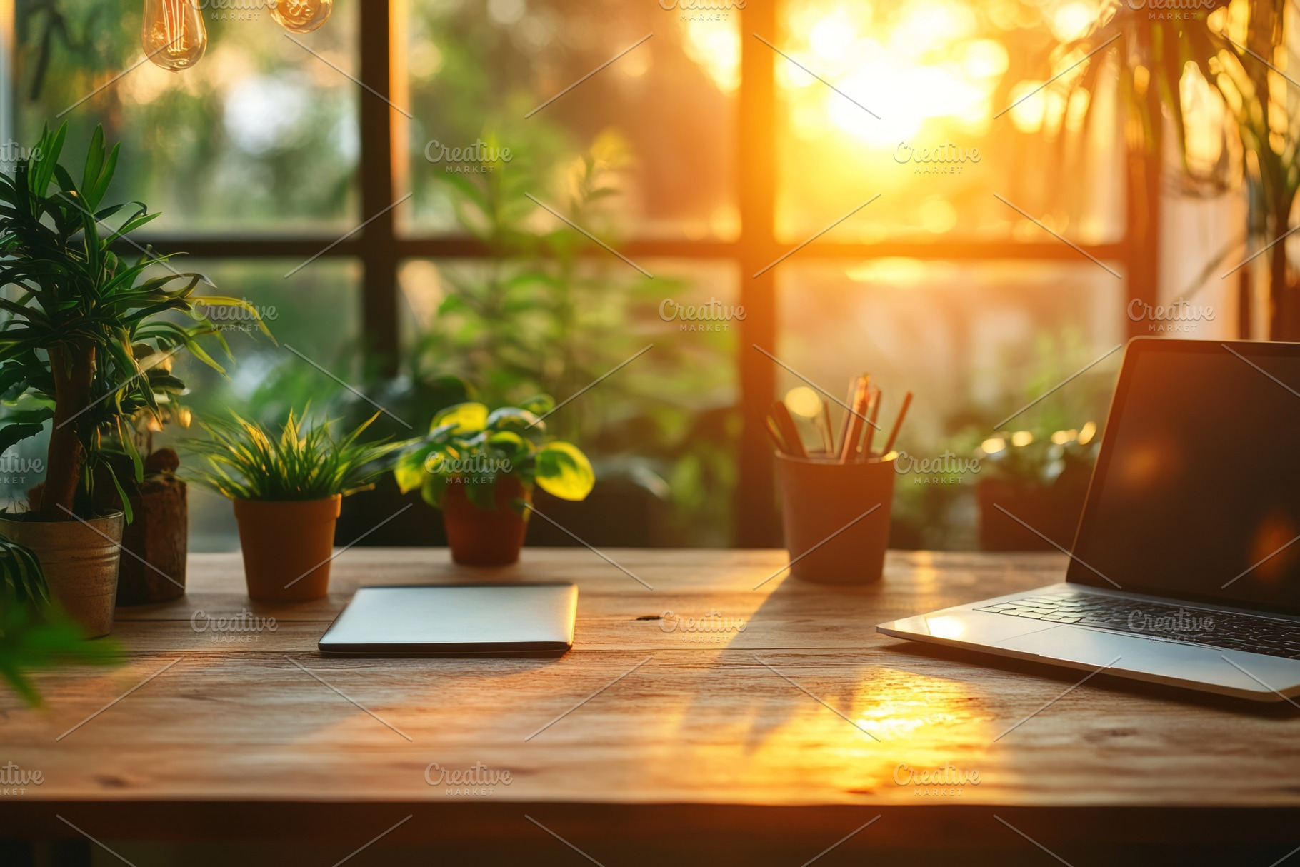 A serene workspace featuring a laptop, notepad, and plants, illuminated by warm, a Background Photo by ImageMir
