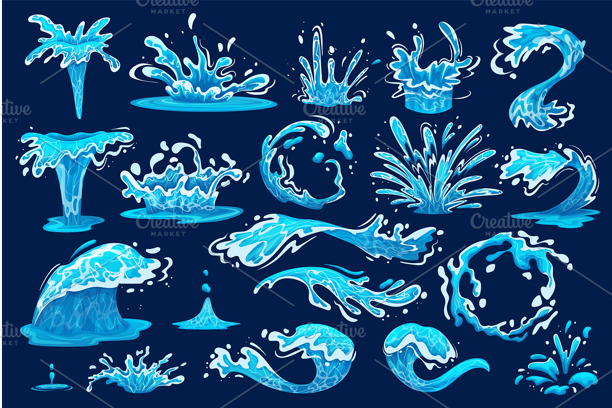 Cartoon water splashes. Wave splash, an Illustration by Stock-Smart-Start