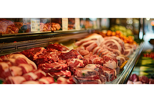 Fresh meat assortment in butcher, a Food & Drink Photo by piter.goskov