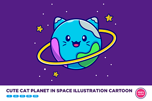 Cute Cat Planet In Space Cartoon