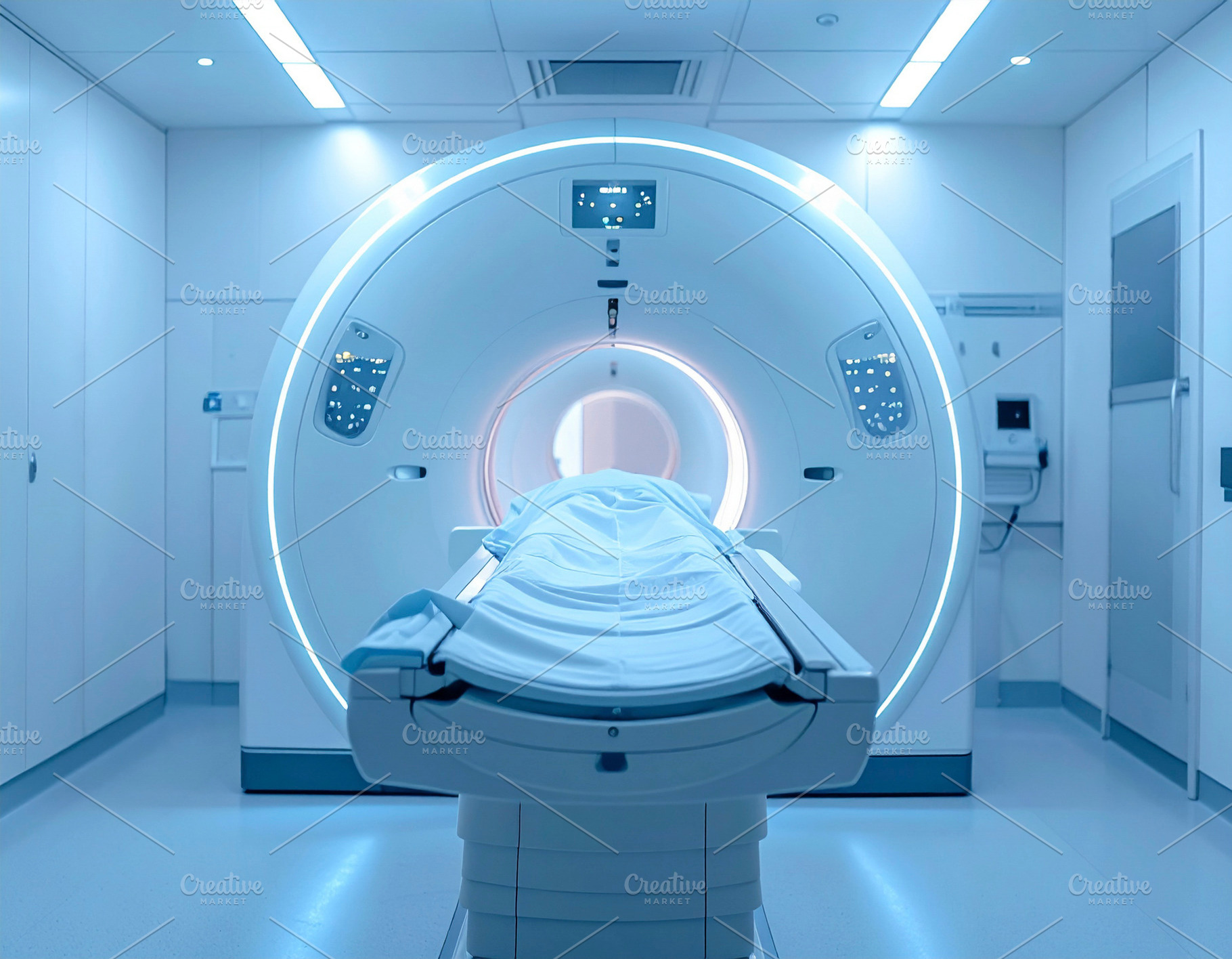 Modern mri in room with a patient lying still inside the machine, a Health & Medical Photo by DanFLCreativo