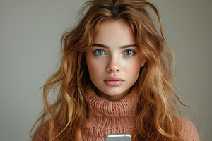 A young Caucasian woman with long, wavy hair holds a smartphone, displaying a c, a Person Photo by ImageMir