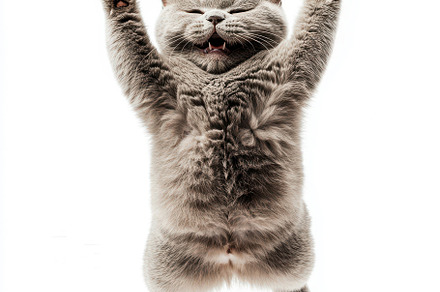 Playful Grey Cat Jumping Paws Up Hap, an Animal Photo by Pixeness