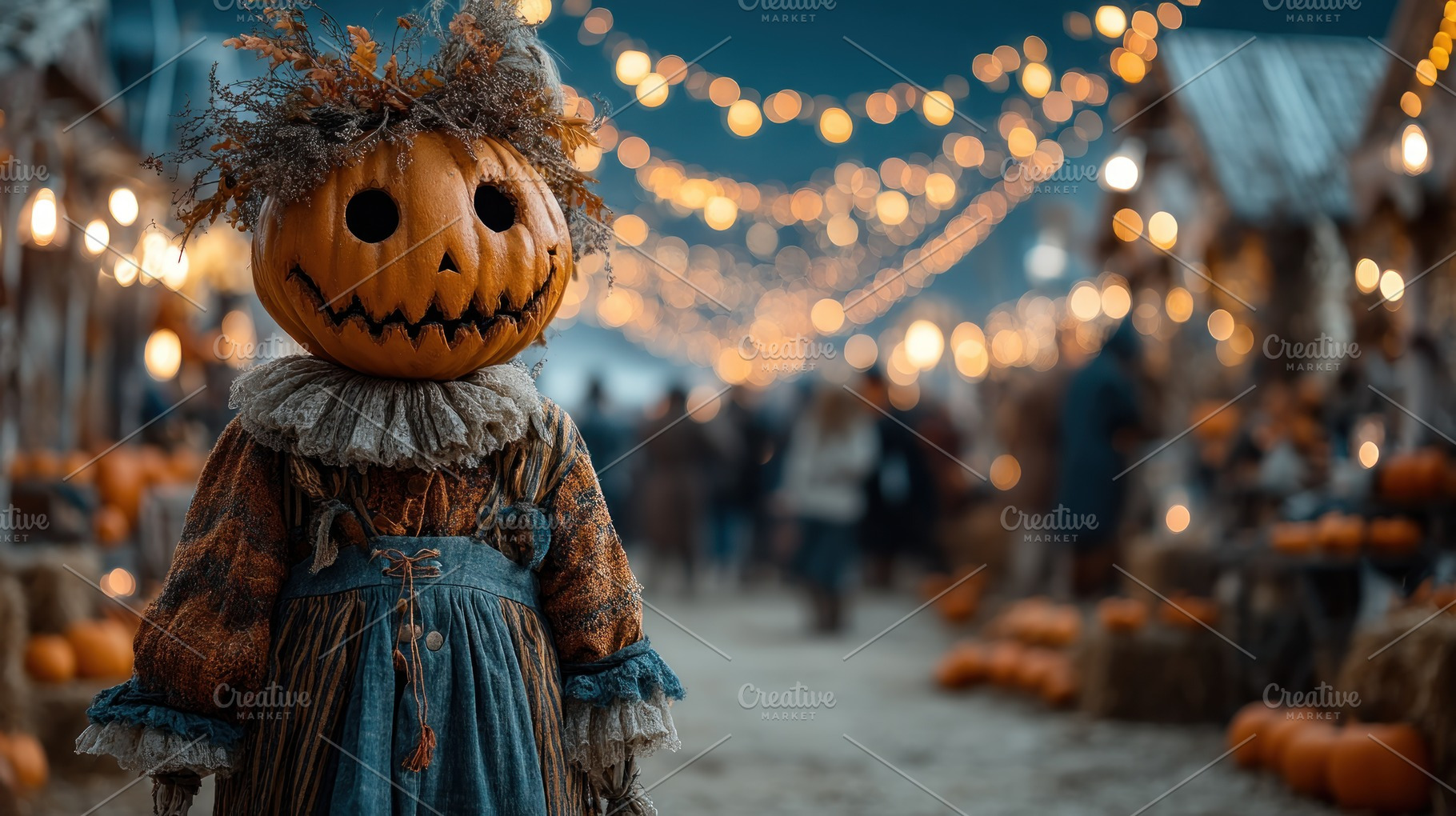Pumpkin-headed scarecrow in rustic dress at Halloween market wit, a Holiday Photo by José Manuel Gelpi