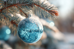 Blue Christmas ornament on frosted pine branch, a Holiday Photo by AlyaAnd