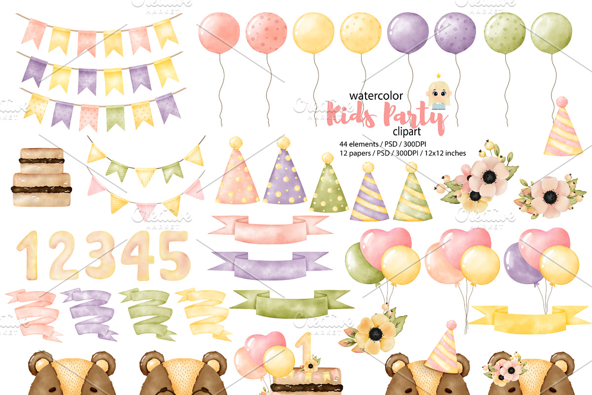 Baby Girl Birthday Party Clipart, an Animal Illustration by Natalya_Mona_Art (Photo 2 of 9)