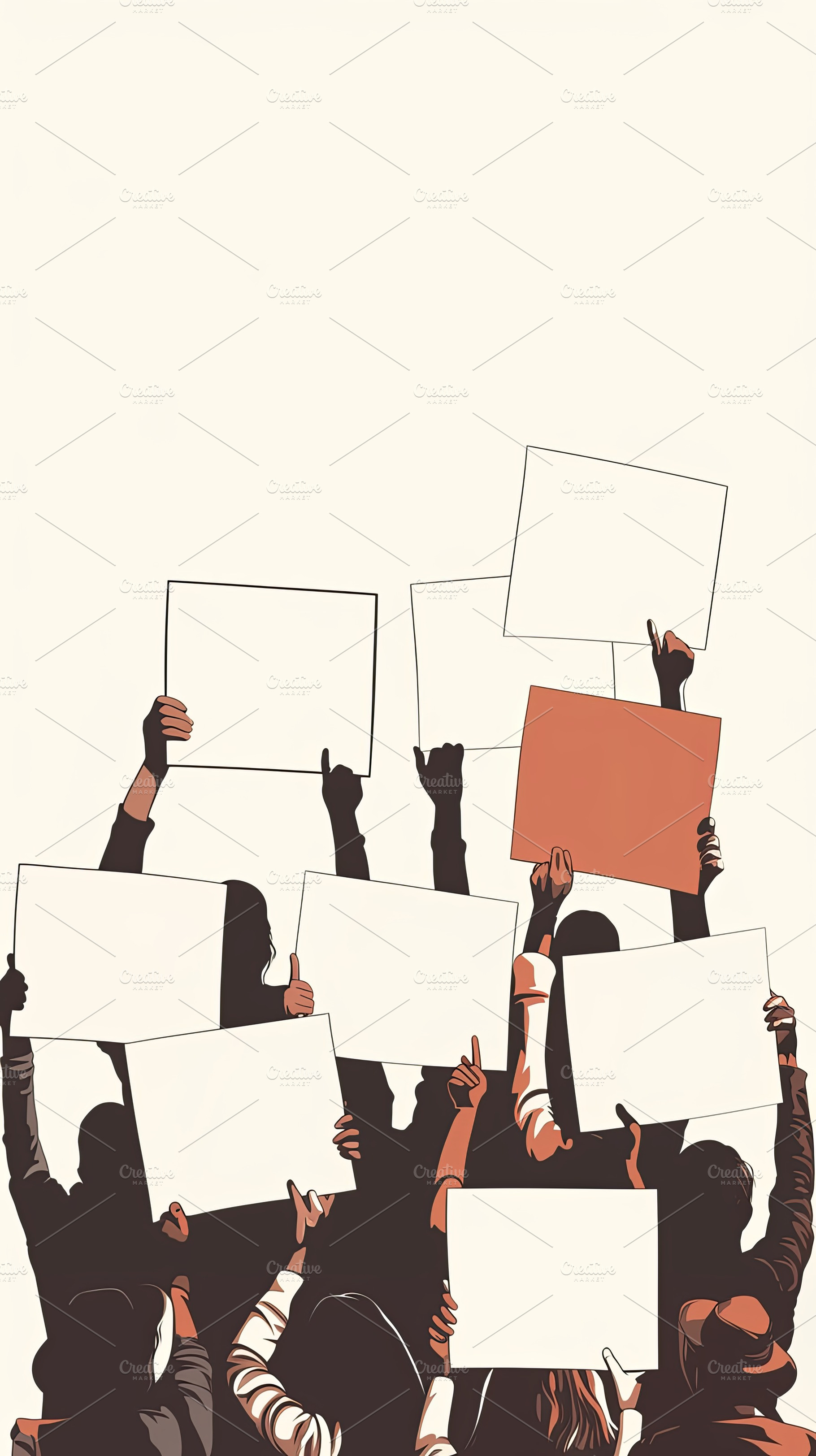 Group of individuals holding blank placards in a peaceful protest illustration, a Photo by AS photostudio