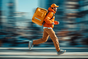 Fast Delivery Urban Courier in Motion with Orange Backpack and Cap in Cityscape, a Person Photo by Ocean Digital Art