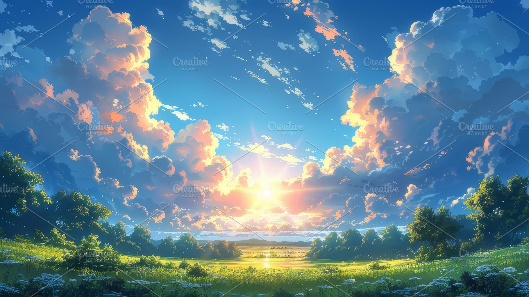 Stunning Anime Style Landscape with Picturesque Sunset and Fluffy Clouds, a Photo by AS photostudio