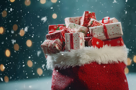 Holiday gifts piled in a festive red, a Photo by Iftikhar Alam