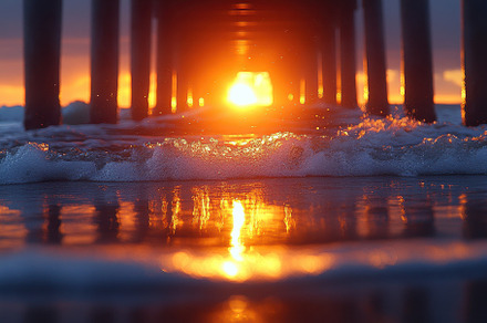Beautiful sunset view under a pier w, a Photo by Tanuart