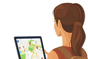 Traveler holding a tablet with map isolated graphic, an Illustration by DanFLCreativo