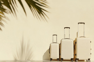 beige suitcases lined up in descending size, placed on a monochr, a Photo by Dvoevnore photos
