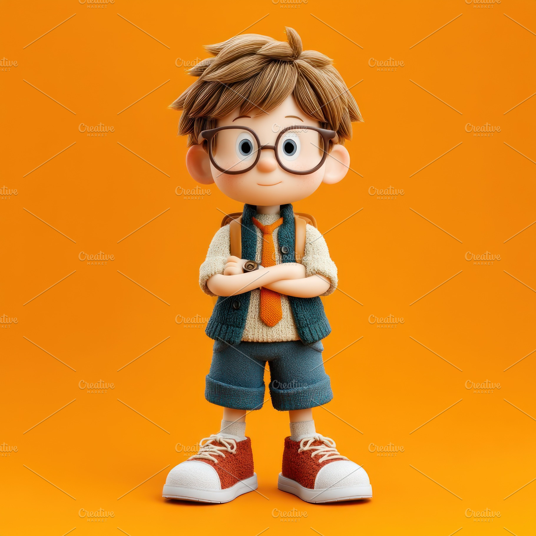 Confident cartoon schoolboy with glasses and backpack standing o, a Person Photo by José Manuel Gelpi