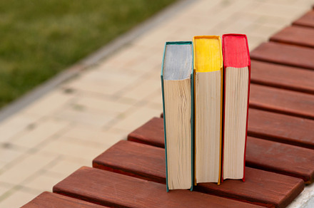Three hardcover books vertically, a School & Education Photo by Elena Vagengeim
