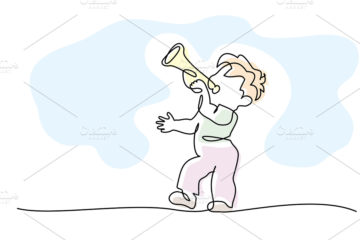 Boy blowing into trumpet. Continuous, an Education Illustration by Valenty