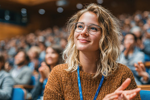 Young woman smiling at conference ap, a Photo by Pixeness Studio