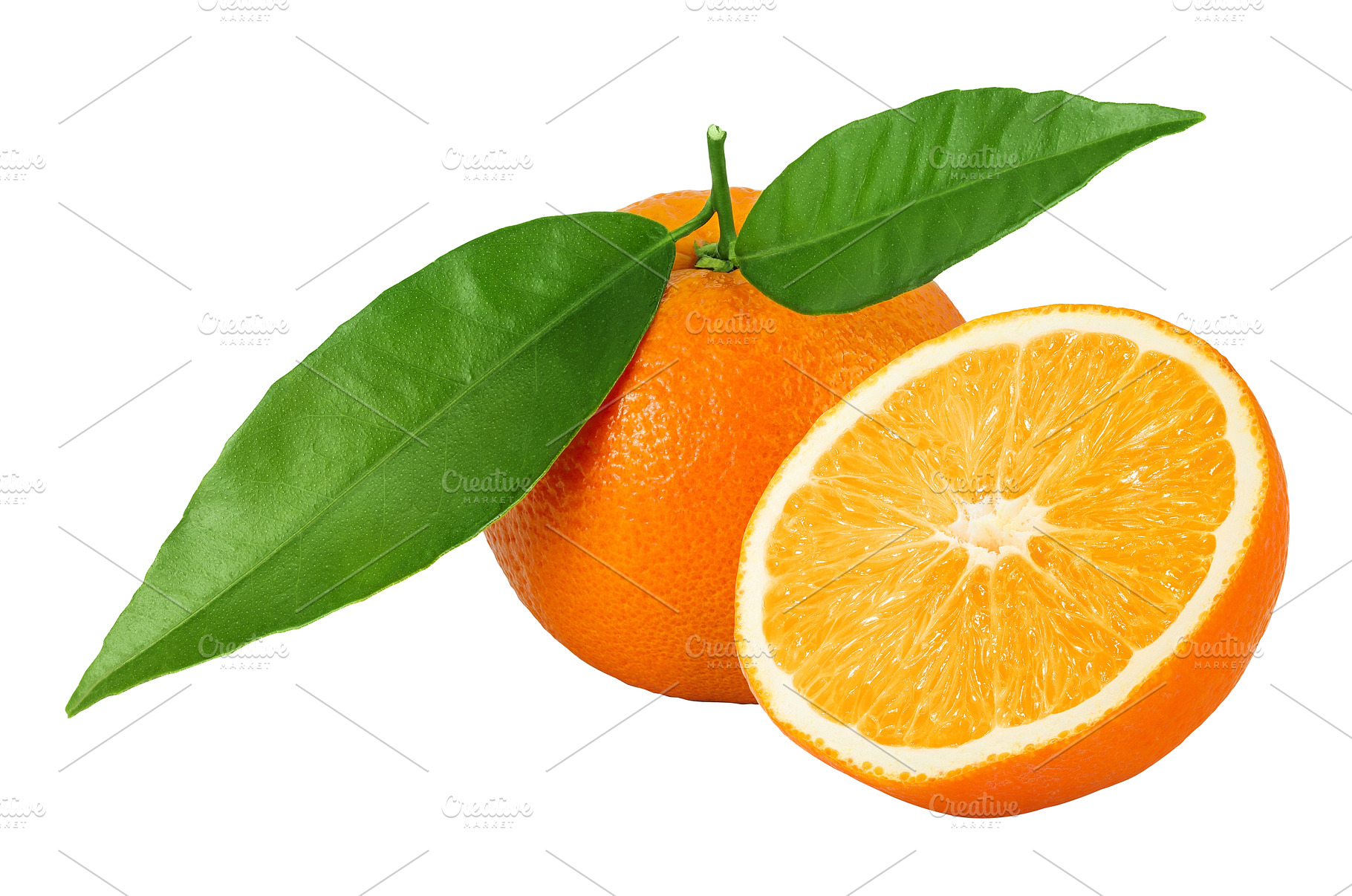 Orange fruit with leaves isolated on, a Food & Drink Photo by NataPhoto
