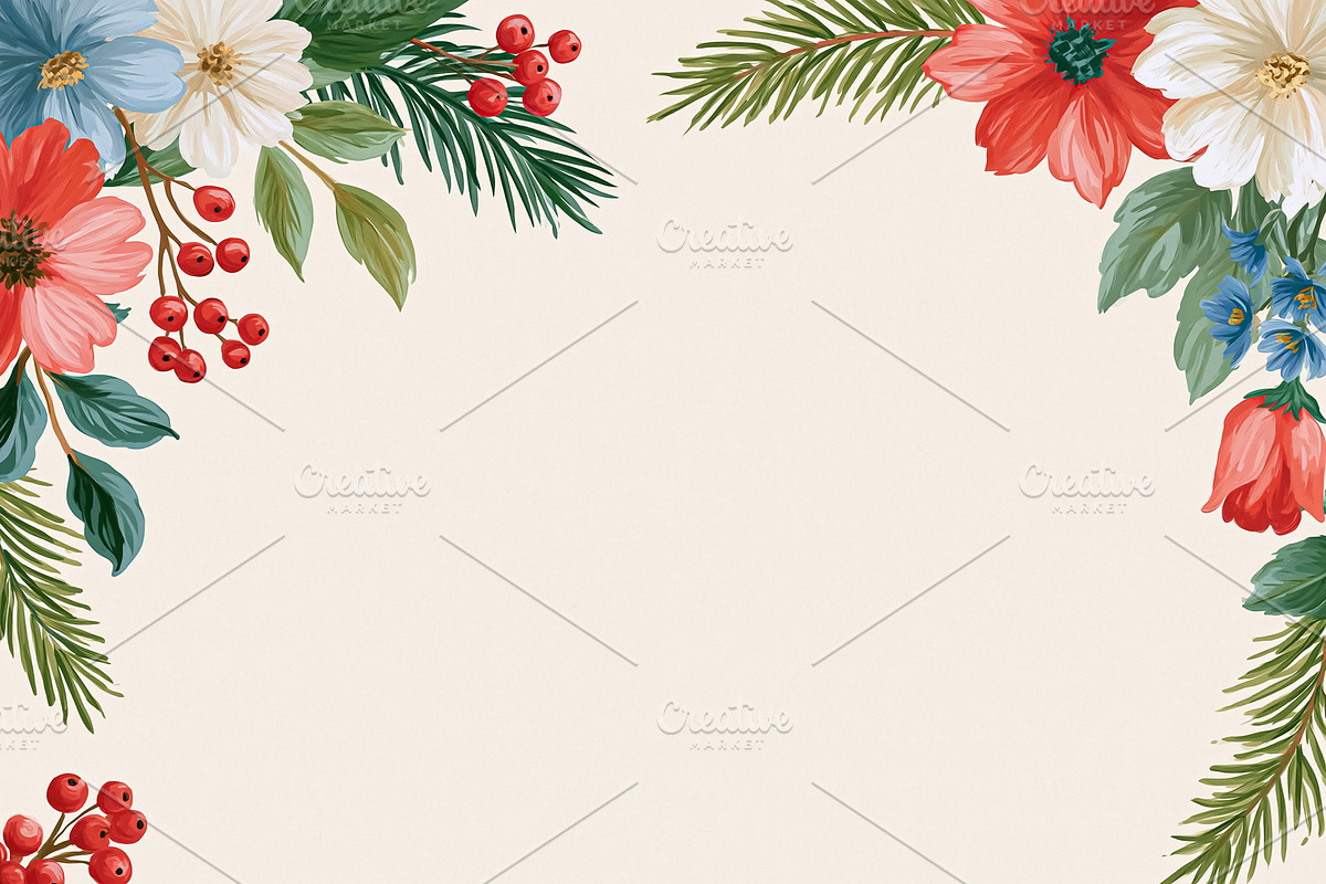 Christmas floral border with poinsettias, berries and pine needl, an Illustration by Studio ANNA