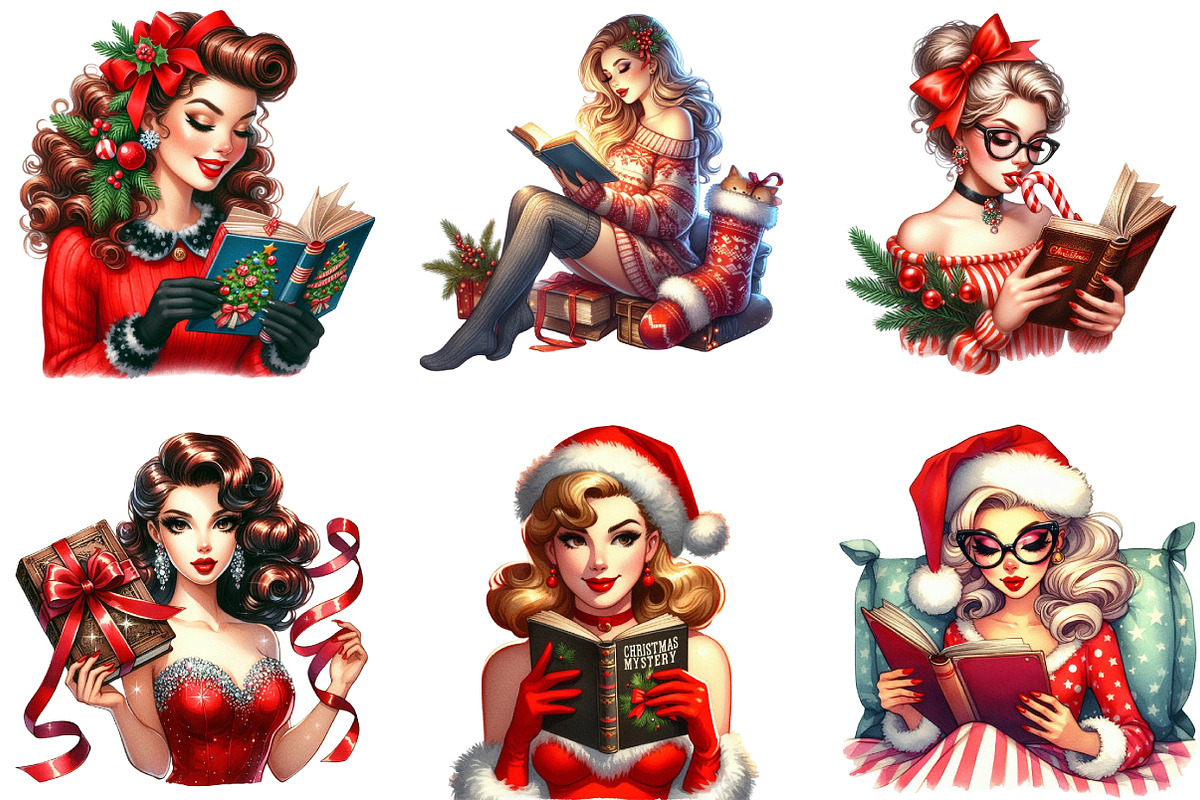 Christmas Pin Up Girls with Book, an Illustration by DreamArtGraphic (Photo 2 of 4)